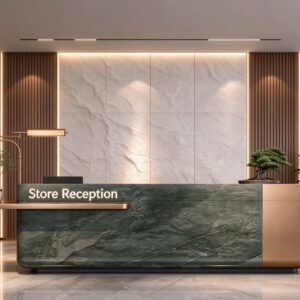 Modern green marble reception desk with gold metal accents at store reception