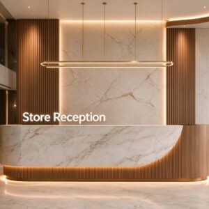 Store Reception sintered stone curved reception desk with fluted wood base and glowing bottom LED light, set in modern lobby with marble and wood slat feature wall