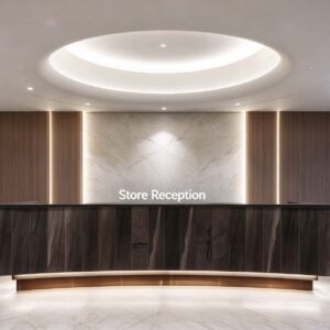 Store Reception wood veneer curved reception desk with soft base LED light, set before marble and wood feature wall in bright modern office lobby
