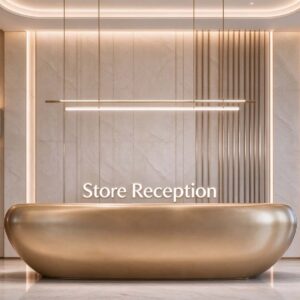 Modern curved gold metal reception desk at store reception