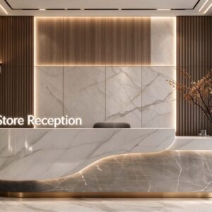 Store Reception sintered stone irregular curved reception desk with gold base and hidden LED light, inside modern lobby with wood slat and marble feature wall