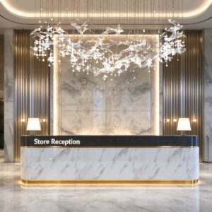 Modern white marble reception desk with gold accents at store reception