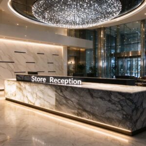 Modern dark marble reception desk with LED lighting at store reception