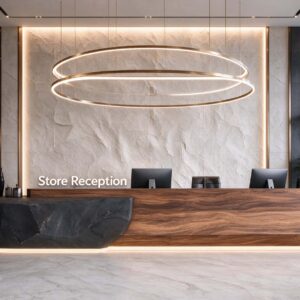 Store Reception symmetrical split wood and grey stone reception desk with under lighting set against dark textured stone feature wall and wooden ceiling