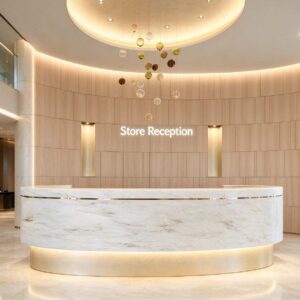 Store Reception large oval marble reception desk with gold line trim glowing LED base and matching wood storage cabinet in bright curved office lobby