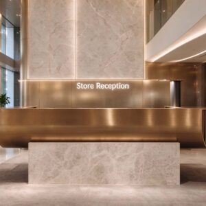Store reception luxury curved gold metal reception desk with marble base