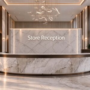 Store Reception curved marble reception desk with bronze metal trim and base LED lighting, paired with marble backlit logo wall in bright luxury lobby