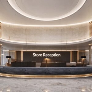 Store Reception large oval dark marble reception desk with warm base LED lighting and inner staff booths inside a spacious grand curved lobby