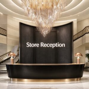 Store Reception curved black gloss reception desk with polished gold base LED lighting paired with dark backlit logo wall inside grand luxury hotel lobby